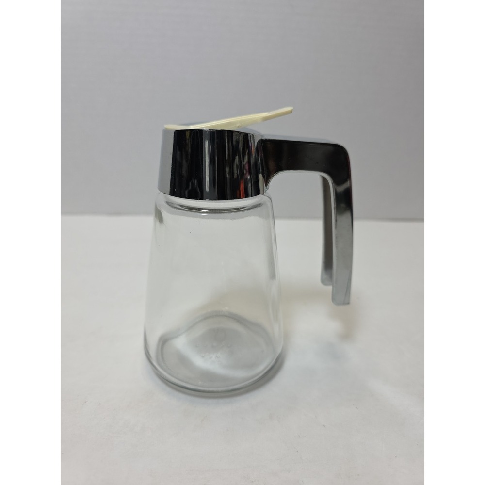 VTG Gemco Diner MCM Mid Century Glass W/ Chrome Lid Syrup Creamer Dispenser Jar